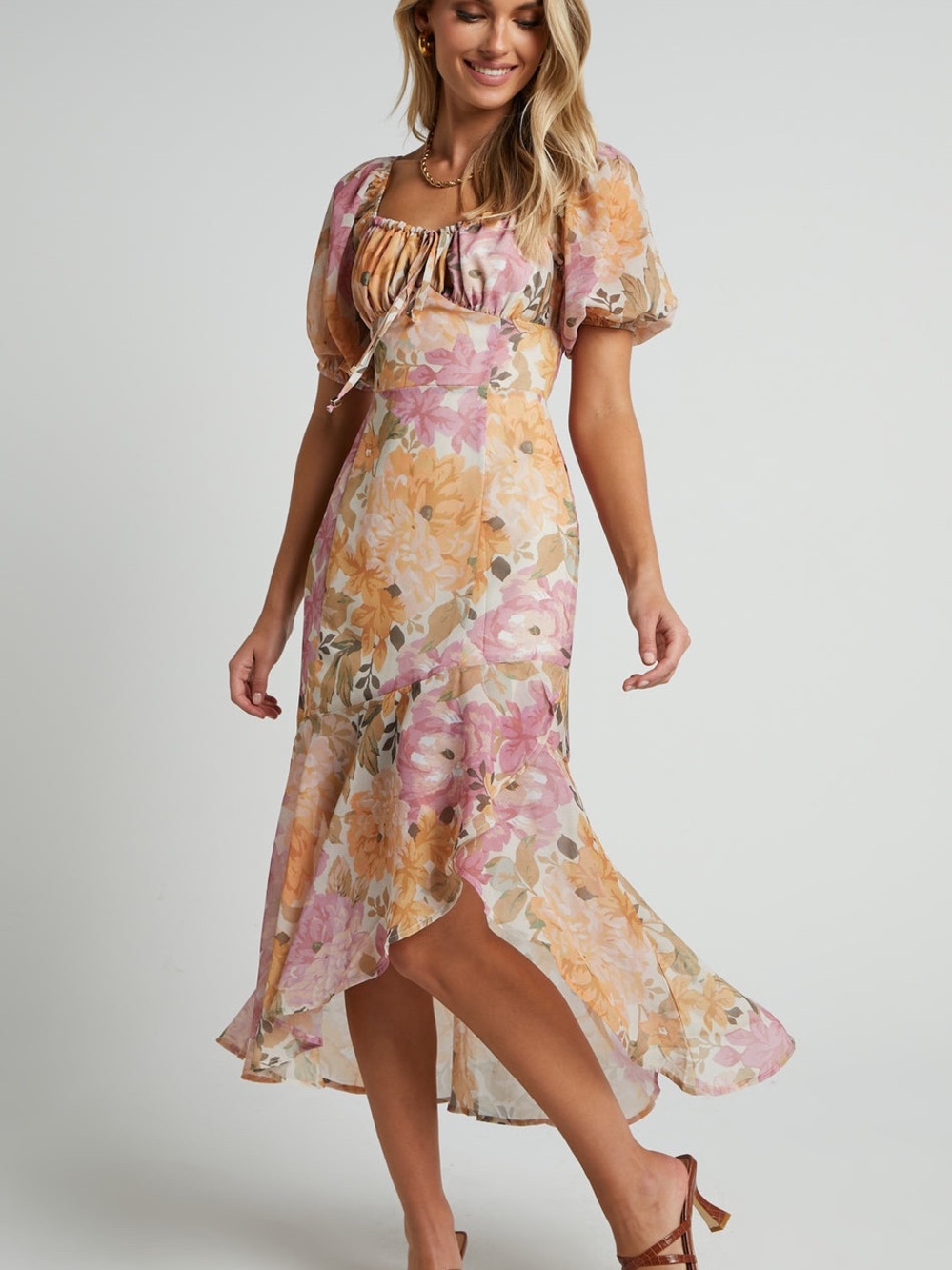 Showpo Floral Puff-Sleeve High-Low Midi Dress in Pink & Peach